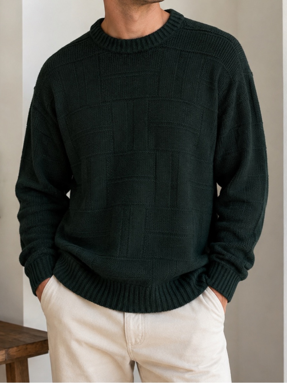 Men's Abercrombie & Fitch Soft Knit Patchwork Plaid Crew Sweater Green Medium